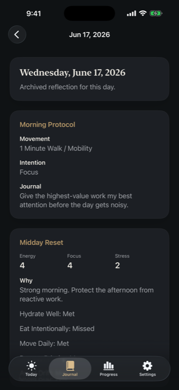The Standard iPhone app journal screen showing morning protocol, midday reset, and daily reflection history.