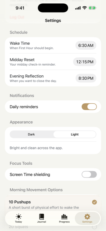 The Standard iPhone app light mode settings screen with schedule, reminders, appearance, and focus options.